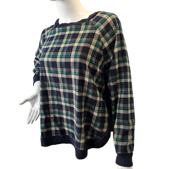 As Know As Blue Plaid Pullover Top Womens M/L Round Neck Long Slv Curved Hem - Picture 9 of 11
